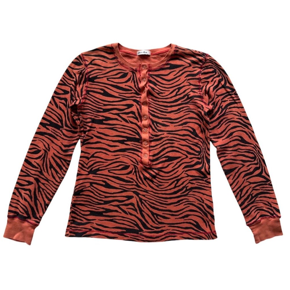 Allen Allen Womens Orange & Black Zebra Print Henley Long Sleeve Top S Cotton Bl